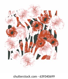 Frame with pink and orange flowers, black striped background.
floral illustration for T-shirt