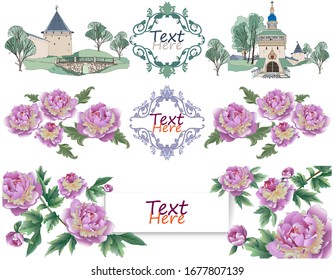 Frame of pink peonies and the walls of an ancient monastery. Invitation to travel, hello, spring, greeting, banner, with the wishes of a happy spring in the center.