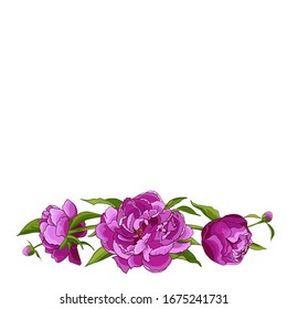 Frame with pink pionies, leaves, buds. Flower frame. Floral motif border. Idea for event invitation, greeting card, cover, postcard, poster, banner. Editable template for wedding design.  Vector