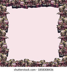 Frame of pink presents and pink background, violet, pink, square frame, cartoon style, banner, poster, invitation, postcard, card, party, empty space, text space advertising, signboard, greetings, joy