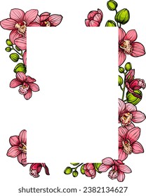 Frame with Pink purple exotic orchid flowers, floral vector illustration for wedding event invitation