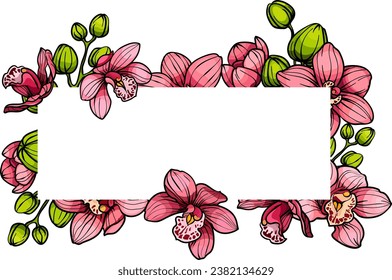 Frame with Pink purple exotic orchid flowers, floral vector illustration for wedding event invitation