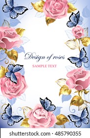 Frame with pink roses, blue butterflies, gold and blue leaves on light background.