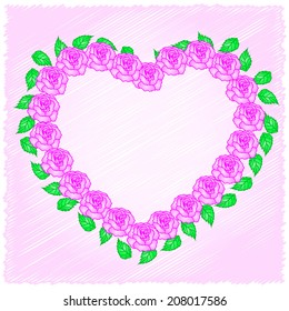 frame of pink roses with green leaves in the form of hearts, vector