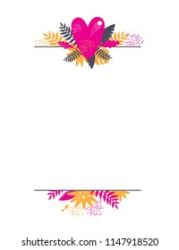 Frame of pink tropical leaves with heart for invitations, seasonal greetings, Wedding printing, international Women's day, Mother's day, Valentines Day. Vector illustration