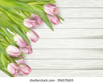 Frame of pink tulips on rustic wooden background. Spring flowers. Spring background. Valentine s Day and Mother s Day background. Top view. EPS 10 vector file included