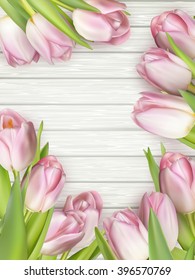 Frame of pink tulips on rustic wooden background. Spring flowers. Spring background. Valentine s Day and Mother s Day background. Top view. EPS 10 vector file included
