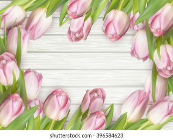 Frame of pink tulips on rustic wooden background. Spring flowers. Spring background. Valentine s Day and Mother s Day background. Top view. EPS 10 vector file included