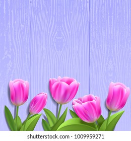 frame pink tulips on vintage wooden background. vector illustrations