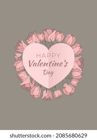 Frame of pink tulips with paper heart. Spring flowers. Spring background. Greeting card with inscription Happy Valentine's Day holiday. Top view. Vector illustration