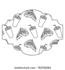 frame with pizza and soda pattern background