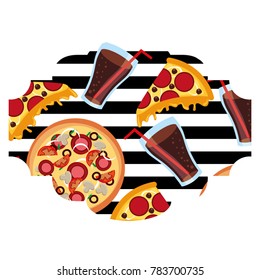 frame with pizza and soda pattern background