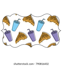 frame with pizza and soda pattern background