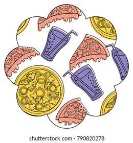 frame with pizza and soda pattern background
