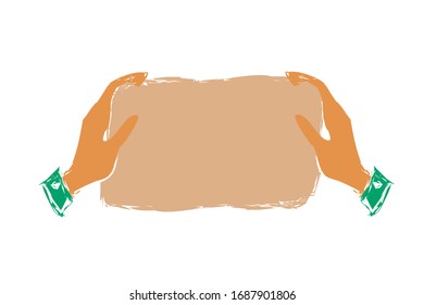 A  frame placard with space  for text held by two hands .  Empty blank for text.Hand draw cartootn style.Vector style.