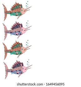 Frame with place for text. Marlin fish. Vector illustration of sea animals. For the design of children's clothing, textiles, albums, design for children's parties.