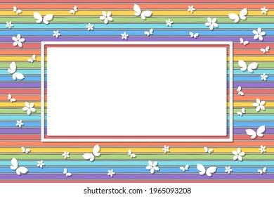 Frame with place for text on background of rainbow colors with flowers and butterflies. Cartoon flat style. Vector illustration