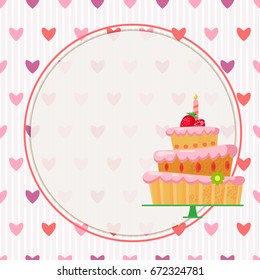  Frame with place for text.cartoon cake with red strawberries,a candle,a flower.Tasty sweet. pink cream.Vector illustration for children's greeting card on birthday or other holiday.Dessert.Hearts.