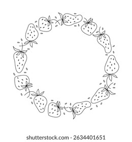 Frame, plant border round. Strawberry. Linear icons, doodle, hand drawn. Wreath of simple berries. Natural vegetarian food, farm harvest. Drawing, sketch, illustration isolated white background.  