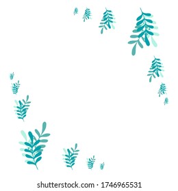 Frame with plant. Vector hand drawn background with turquoise branches and leaves. Isolated on white background.
