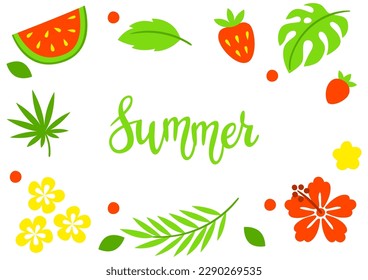 Frame with plants. Beautiful tropical natural flowers, fruits and leaves.