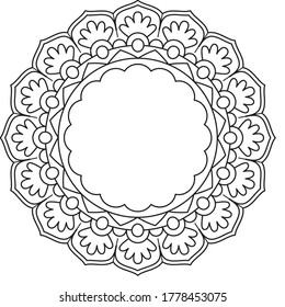 Frame or plate circular design. Easy coloring book pages for kids and adults. Hand drawn abstract design with decorative round lace ornament mandala.
