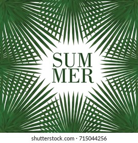 Frame polygonal green summer tropical background with exotic palm leaves and plants. Vector floral background.