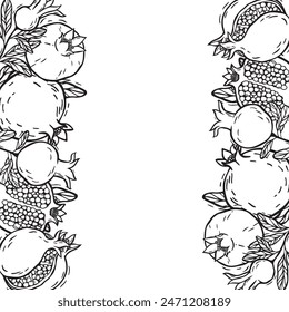 Frame with pomegranate fruits and branches with leaves. Vector botanical black and white set in linocut style. There is space for text. For food and cosmetics packaging design, menu