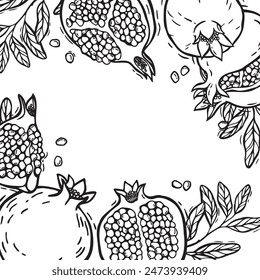 Frame with pomegranate fruits and branches with leaves. Vector botanical black and white set in linocut style. There is space for text. For the design of food and cosmetics packaging, menus