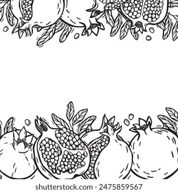 Frame with pomegranate fruits and branches with leaves. Vector botanical black and white frame in linocut style. There is space for text. For food and cosmetics packaging design, menu