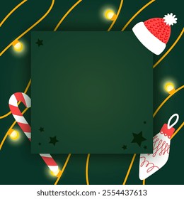 Frame for postcard, for advertising, Christmas sale. Green background, place for text banner with festive garland with bulbs and Christmas sock, mittens, candy. Merry Christmas and happy new year