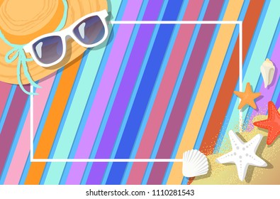 Frame postcard design with summer attributes, hat and glasses, sea shells near starfish, vector illustration isolated on striped backdrop, summertime.