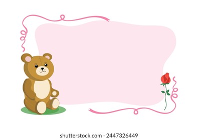 Marco, postal, maqueta de volante. Lindo osito de peluche de juguete con una flor, rosa. Un osito de peluche sonriente está sentado. Juguete de dibujos animados suave. Lugar para inscripciones. Ilustración vectorial sobre fondo blanco