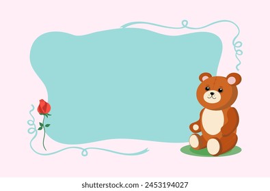 Marco, postal, maqueta de volante. Lindo osito de peluche de juguete con una flor, rosa. Un osito de peluche sonriente está sentado. Juguete de dibujos animados suave. Lugar para inscripciones. Ilustración vectorial sobre fondo blanco