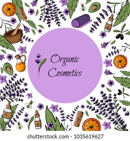 Frame, postcard, mockup  natural, organic bio cosmetics. Hand painted objects and flowers. Spa, medicinal herbs, health. Vector illustration
