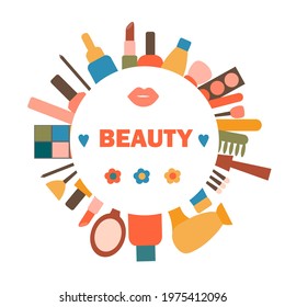 Frame postcard under the text with a set of cosmetics and skin care items. Natural organic cosmetic product. Beauty Tavara logo. Elements for icons. Flat vector illustration.