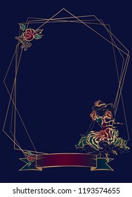Frame, postcard. Vintage girls in hats with umbrellas. The oval frame. Gold. Vector.