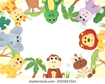 Frame and postcards with cute African animals: giraffe, crocodile, hippo, elephant, lion, monkey, zebra. A banner with these animals and a frame for text or photos.