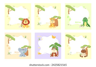 Frame and postcards with cute African animals: giraffe, crocodile, hippo, elephant, lion, monkey, zebra. A banner with these animals and a frame for text or photos.