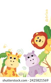 Frame and postcards with cute African animals: giraffe, crocodile, hippo, elephant, lion, monkey, zebra. A banner with these animals and a frame for text or photos.