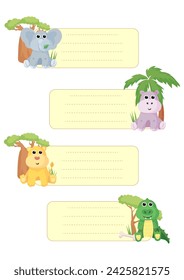 Frame and postcards with cute African animals: giraffe, crocodile, hippo, elephant, lion, monkey, zebra. A banner with these animals and a frame for text or photos.