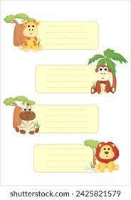 Frame and postcards with cute African animals: giraffe, crocodile, hippo, elephant, lion, monkey, zebra. A banner with these animals and a frame for text or photos.
