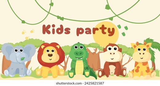 Frame and postcards with cute African animals: giraffe, crocodile, hippo, elephant, lion, monkey, zebra. A banner with these animals and a frame for text or photos.