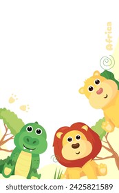 Frame and postcards with cute African animals: giraffe, crocodile, hippo, elephant, lion, monkey, zebra. A banner with these animals and a frame for text or photos.