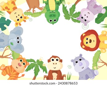 Frame and postcards with cute African animals: giraffe, crocodile, hippo, elephant, lion, monkey, zebra,tiger and rhinoceros. A banner with these animals and a frame for text or photos.