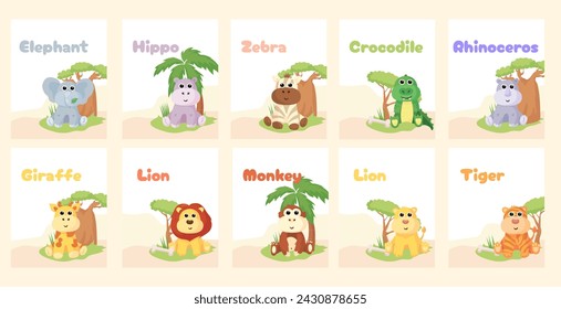 Frame and postcards with cute African animals: giraffe, crocodile, hippo, elephant, lion, monkey, zebra,tiger and rhinoceros. A banner with these animals and a frame for text or photos.