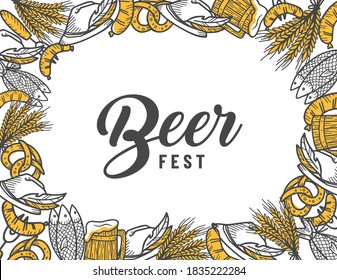 Marco o afiche con jarra de cerveza artesanal y lúbete al festival de elaboración bávara. Diseño que incluye cebada, pescado y salchichas de parrilladas