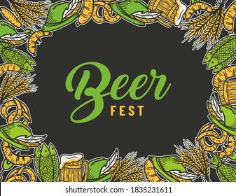 Marco o afiche con jarra de cerveza artesanal y lúbete al festival de elaboración bávara. Diseño que incluye cebada, pescado y salchichas de parrilladas