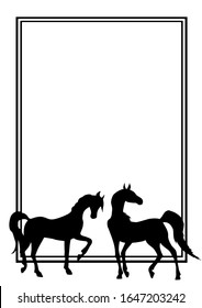 Frame with a prancing horses .fine silhouette and outline -  graceful black stallions against white. logo template,  stable sign. Monochrome ink hand drawn. Horse vector illustration. A4 format