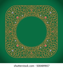 Frame with precious stones. Pattern from curls on a green background. Vignette or jewelry
decoration. Metal grille.